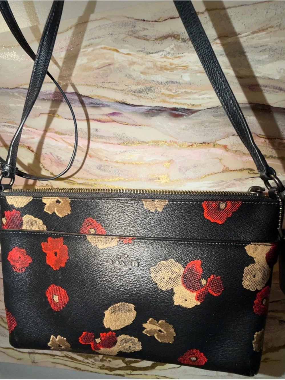 🌸 COACH Floral Leather Crossbody Bag Black Romantic FLORAL Print - Picture 8 of 9